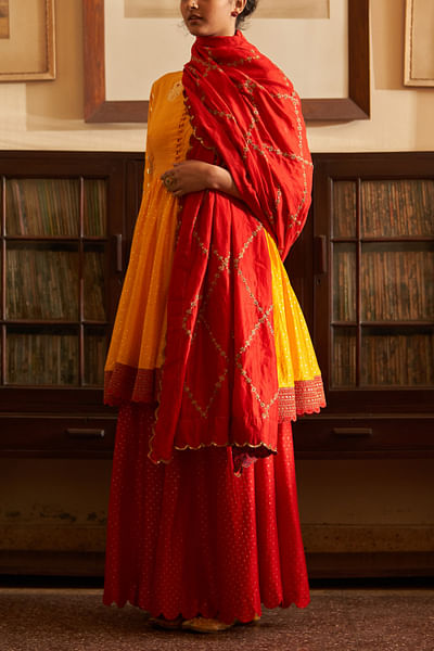 Yellow and red embroidered sharara set