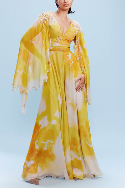 Yellow and white abstract printed jumpsuit