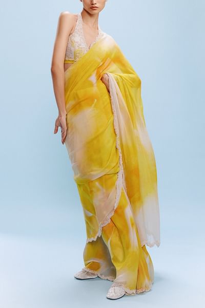 Yellow and white abstract printed sari set
