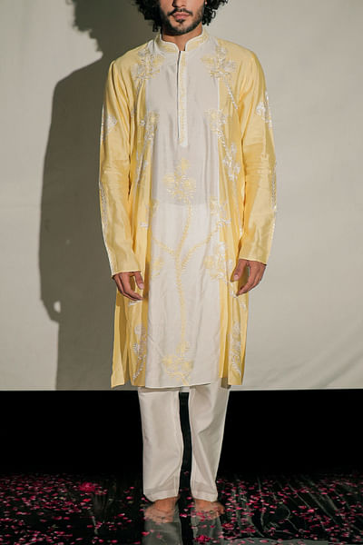 Yellow and white floral embroidered kurta set