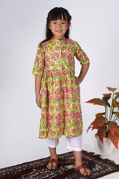 Yellow and white floral printed kurta set