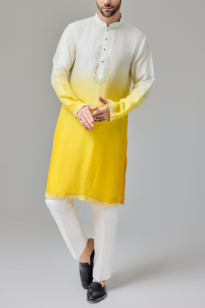 Yellow and white ombre mirror work kurta set