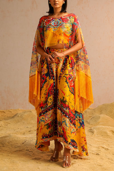 Yellow artisanal printed fringed cape set