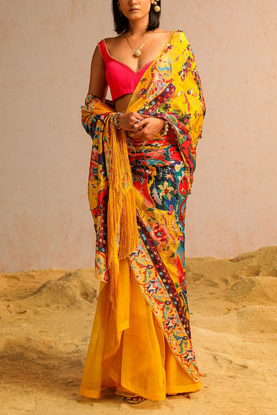 Yellow artisanal printed pre-draped sari set