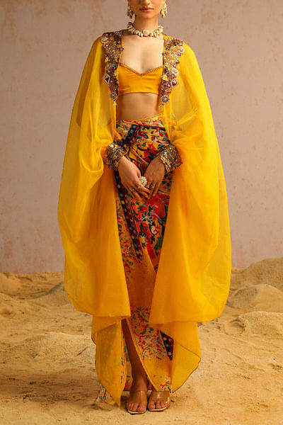 Yellow artisanal printed skirt and cape set