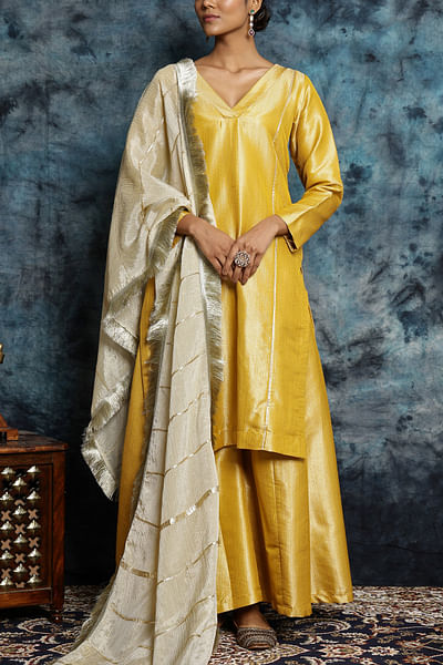 Yellow banarasi silk kurta and palazzo set