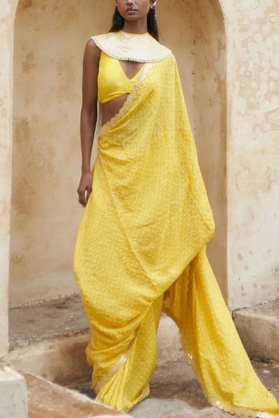 Yellow bandhani sari set
