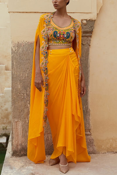 Yellow bandhani skirt and cape set