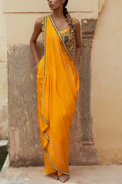 Yellow bandhani skirt and drape set