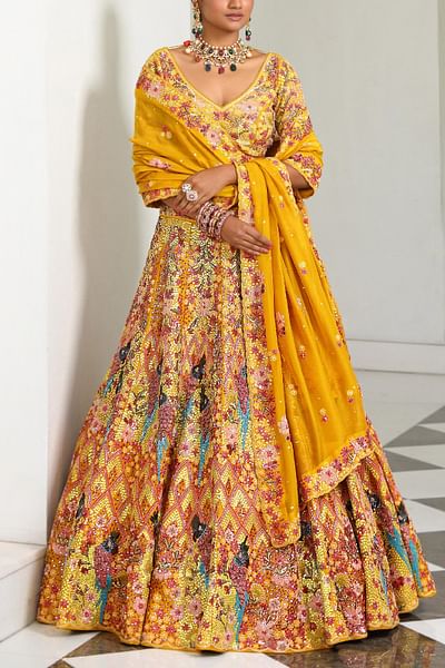 Yellow bird embroidered lehenga set
