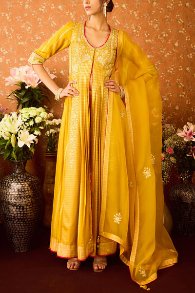 Yellow brocade anarkali set
