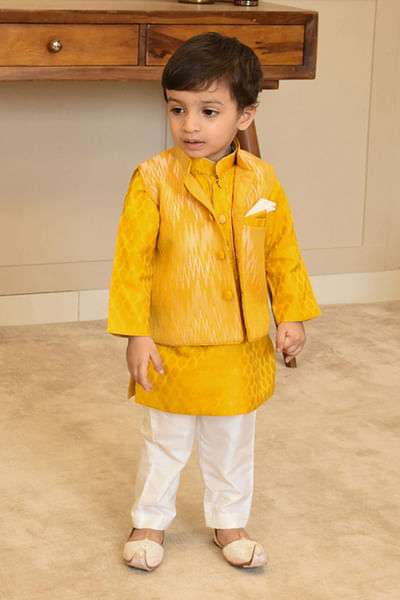 Yellow brocade Nehru jacket and kurta set