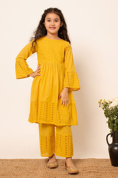 Yellow cotton schiffli kurta set