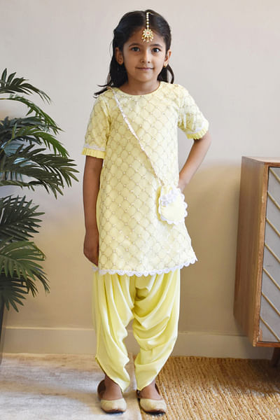 Yellow crochet lace embellished dhoti set