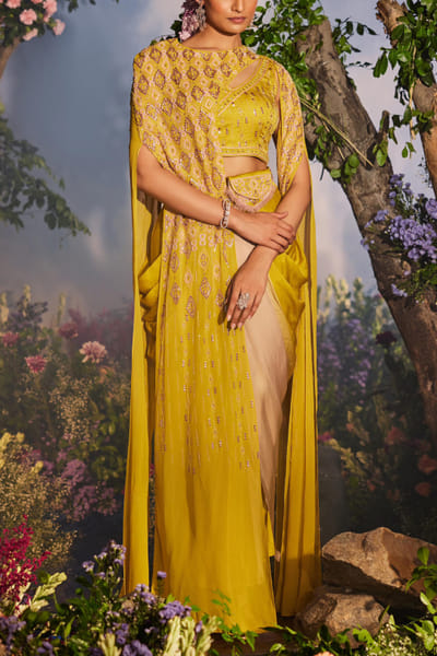 Yellow dhoti skirt and cape set