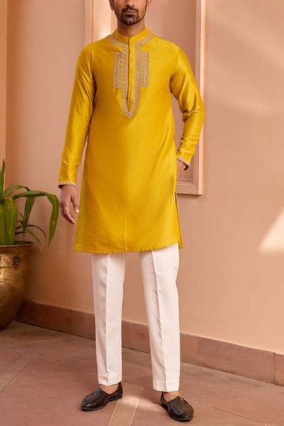 Yellow dori and marodi embroidery kurta set