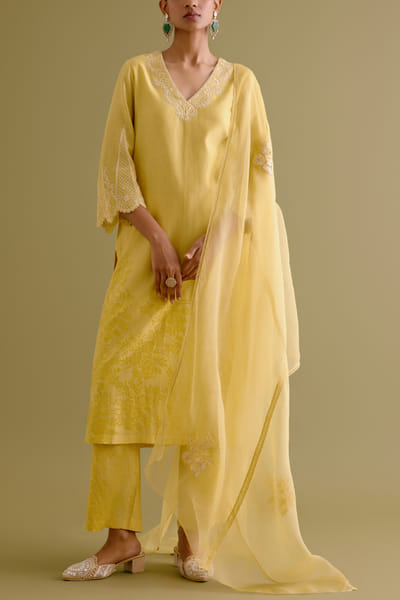 Devnaagri Yellow dori embroidered block print kurta set DEVSEP24D205