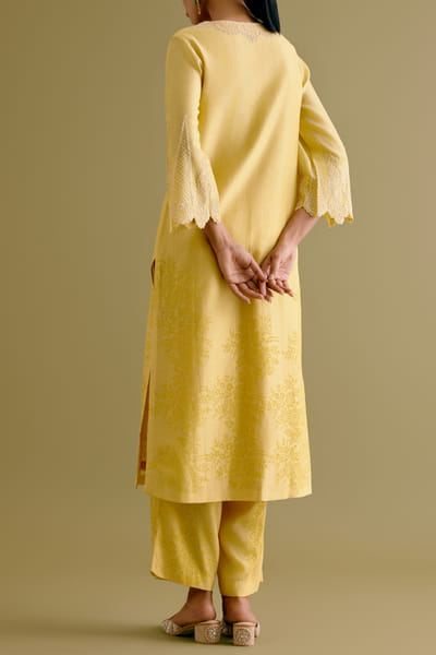Devnaagri Yellow dori embroidered block print kurta set DEVSEP24D205