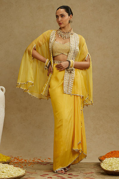 Yellow embellished draped skirt set