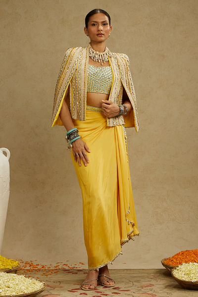 Yellow embellished jacket set