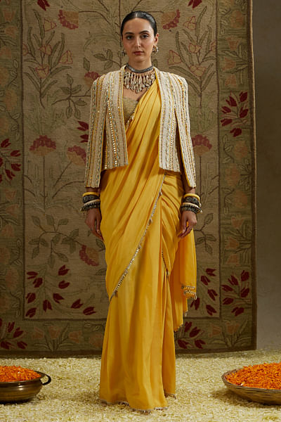 Yellow embellished sari set