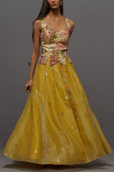 Yellow embroidered corset and skirt set