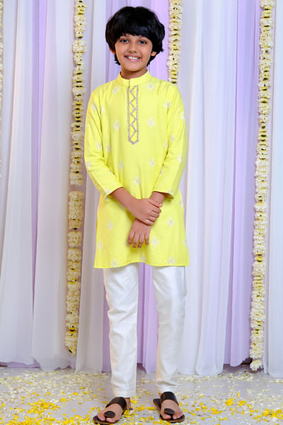 Yellow embroidered cotton kurta set