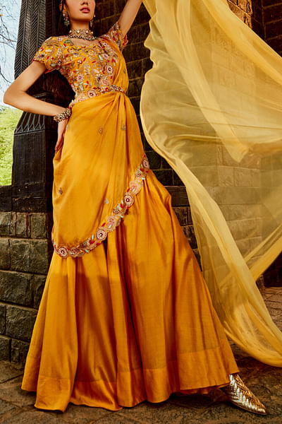 Yellow embroidered draped co-ords