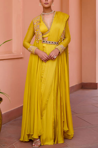 Yellow embroidered jacket pre-draped sari set
