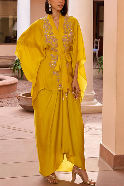Yellow embroidered kaftan jacket and skirt set