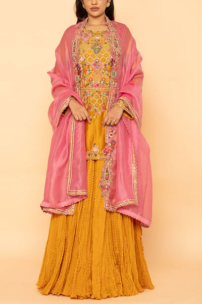 Yellow embroidered kurta and crushed skirt set