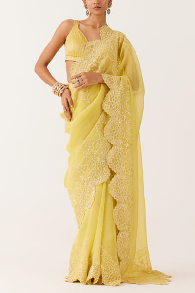 Devnaagri Yellow embroidered scalloped sari set DEVJAN25D22409