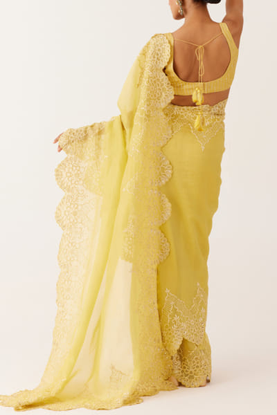 Devnaagri Yellow embroidered scalloped sari set DEVJAN25D22409