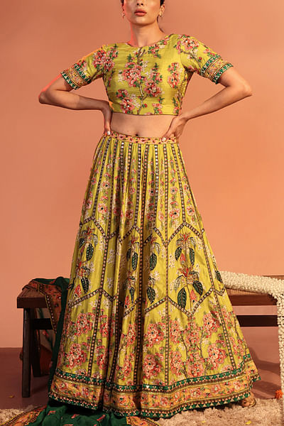 Yellow embroidered silk lehenga set