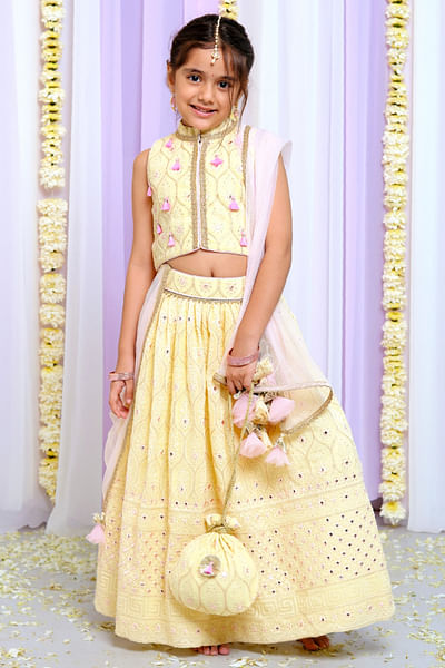 Yellow embroidered tasseled lehenga set