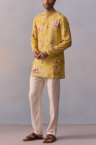 Yellow floral and bird printed kurta set