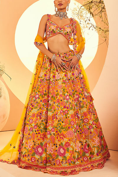 Yellow floral and leaf embroidered lehenga set