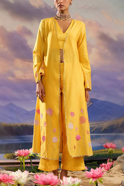 Yellow floral applique embroidered jacket set