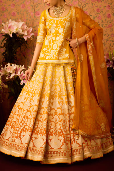 Shyam Narayan Prasad Yellow floral applique lehenga set SNPOCT2424