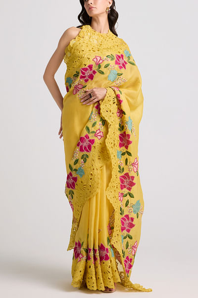 Yellow floral appliqued sari