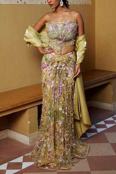 Yellow floral appliqued skirt set