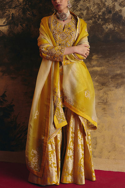 Yellow floral brocade sharara set