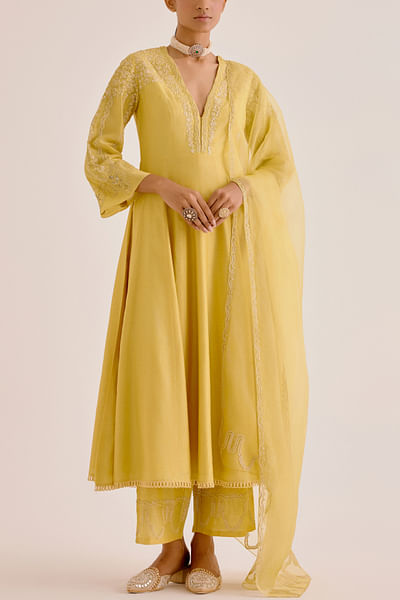 Yellow floral dori embroidered anarkali set