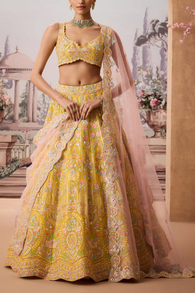 Yellow floral embellished lehenga set