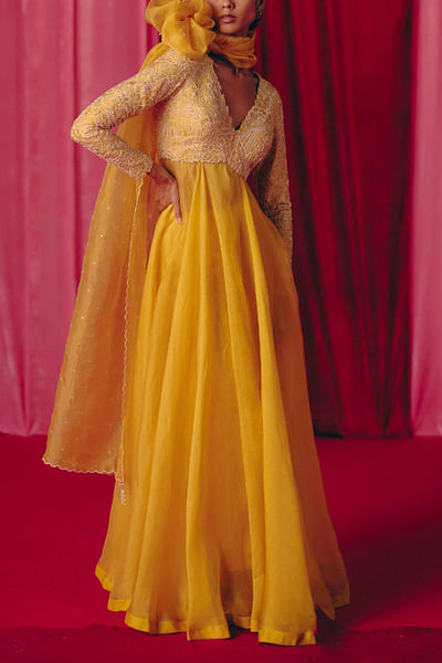 Yellow floral embroidered anarkali set