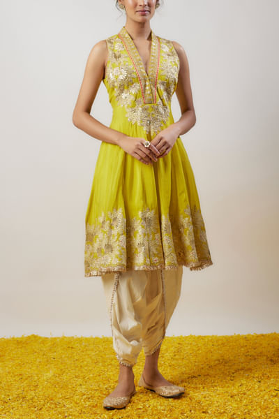 Yellow floral embroidered flared kurta set