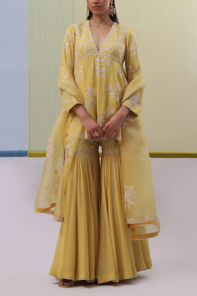 Yellow floral embroidered gharara set