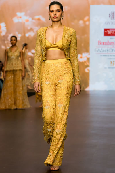 Yellow floral embroidered jacket set