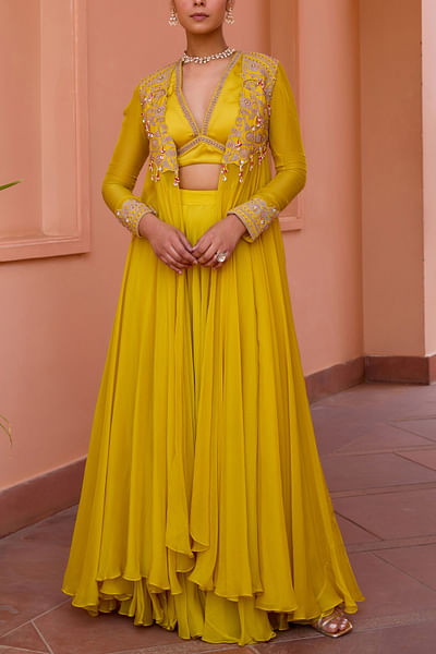Yellow floral embroidered jacket sharara set
