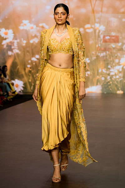 Yellow floral embroidered jacket skirt set